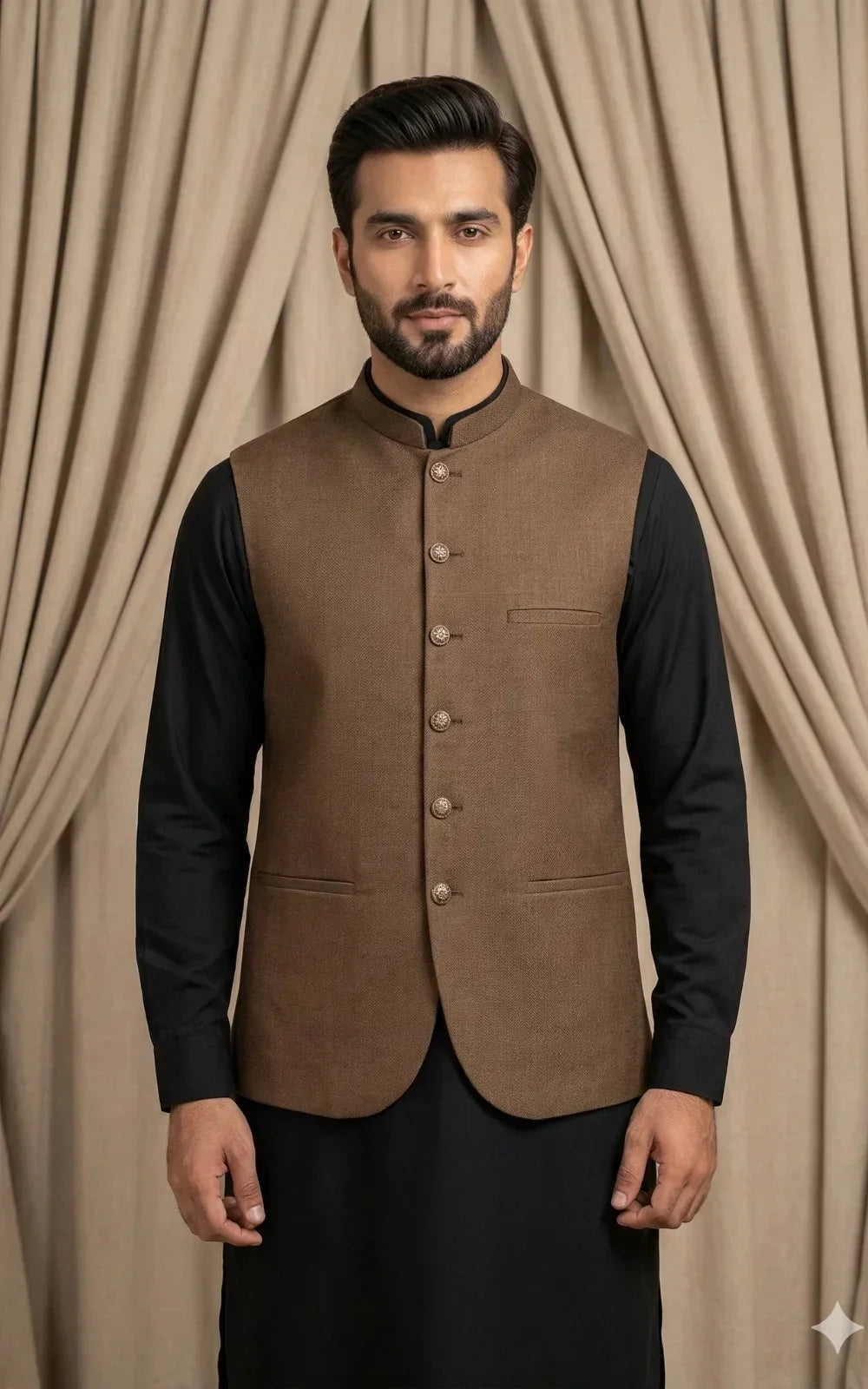 Walnut Brown Textured Waistcoat