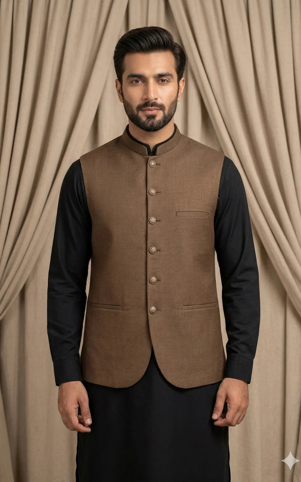 Walnut Brown Textured Waistcoat