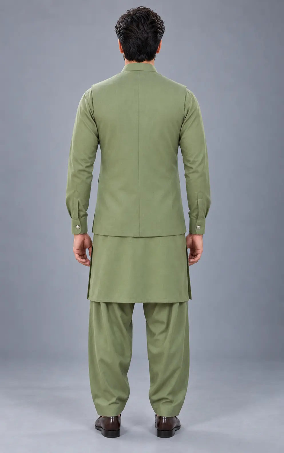 Olive Green Customized Shalwar Kameez Suit with Fabric Last Option