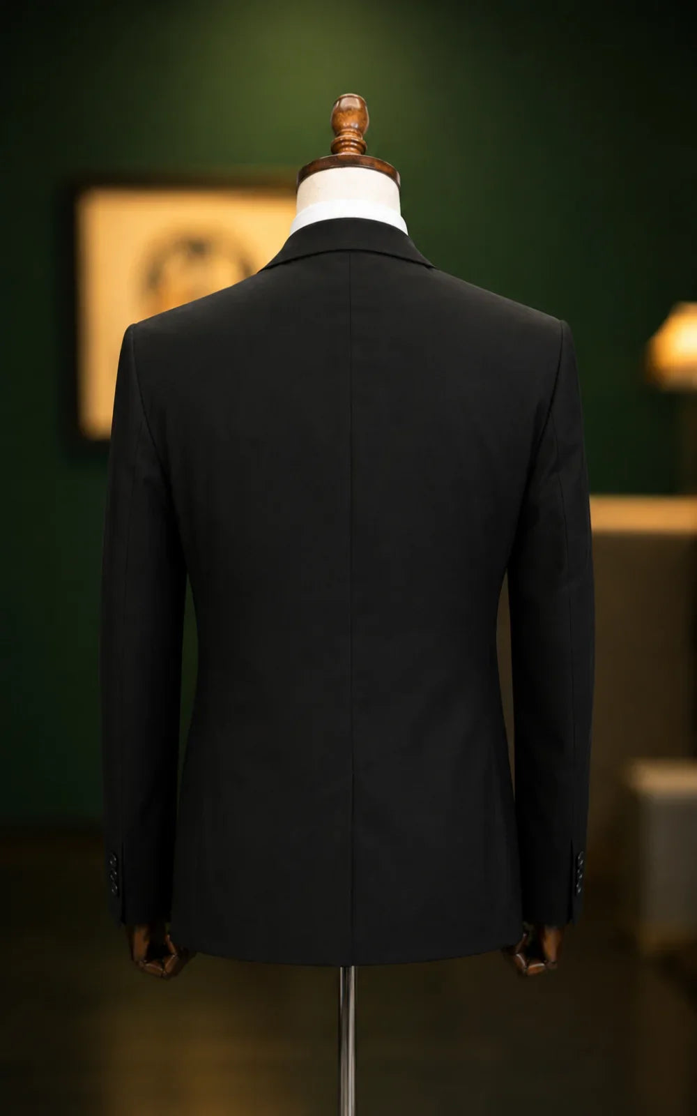 Back view of jet black 2-piece suit for men