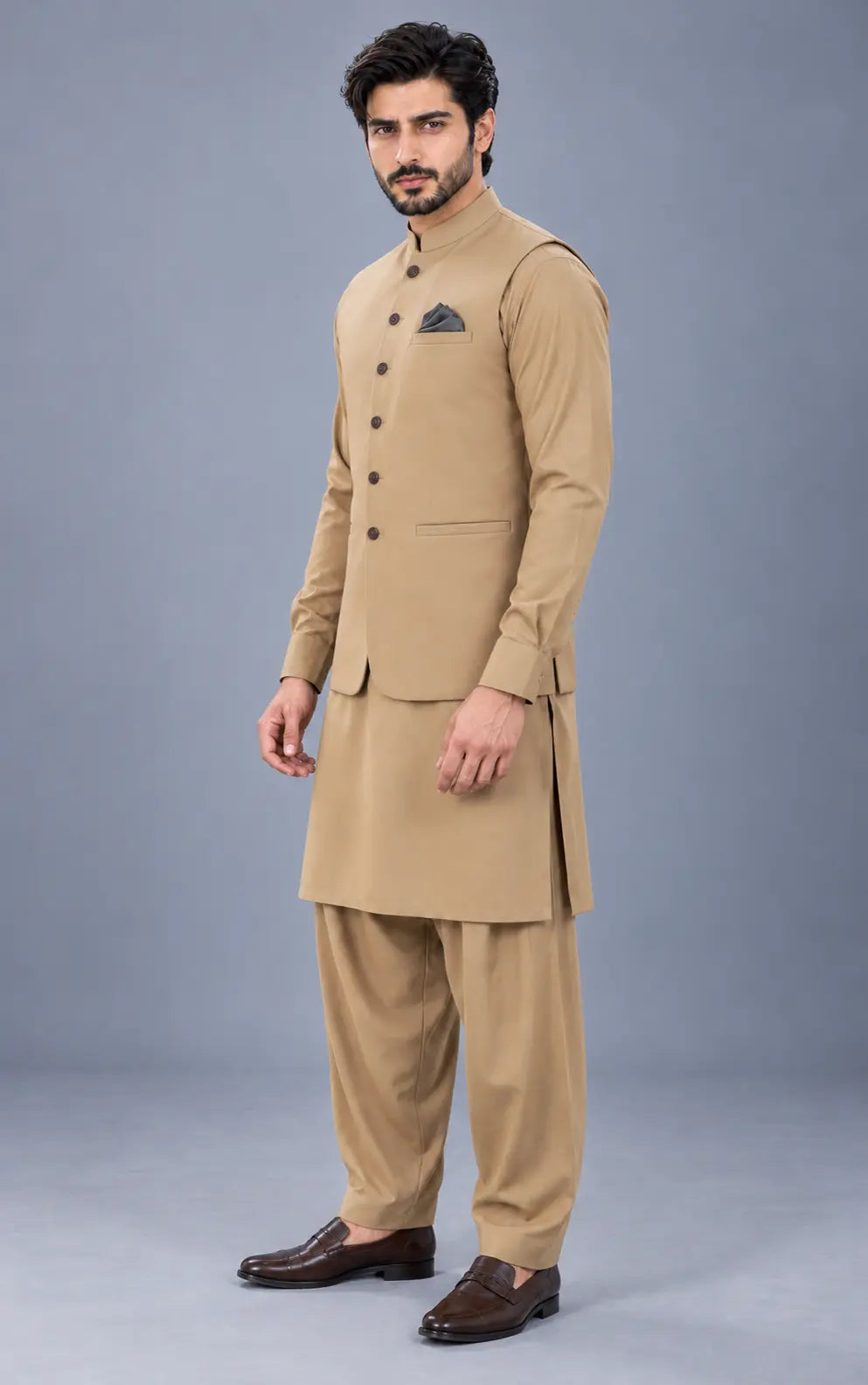 Beige Customized Shalwar Kameez Suit with Fabric Last Option