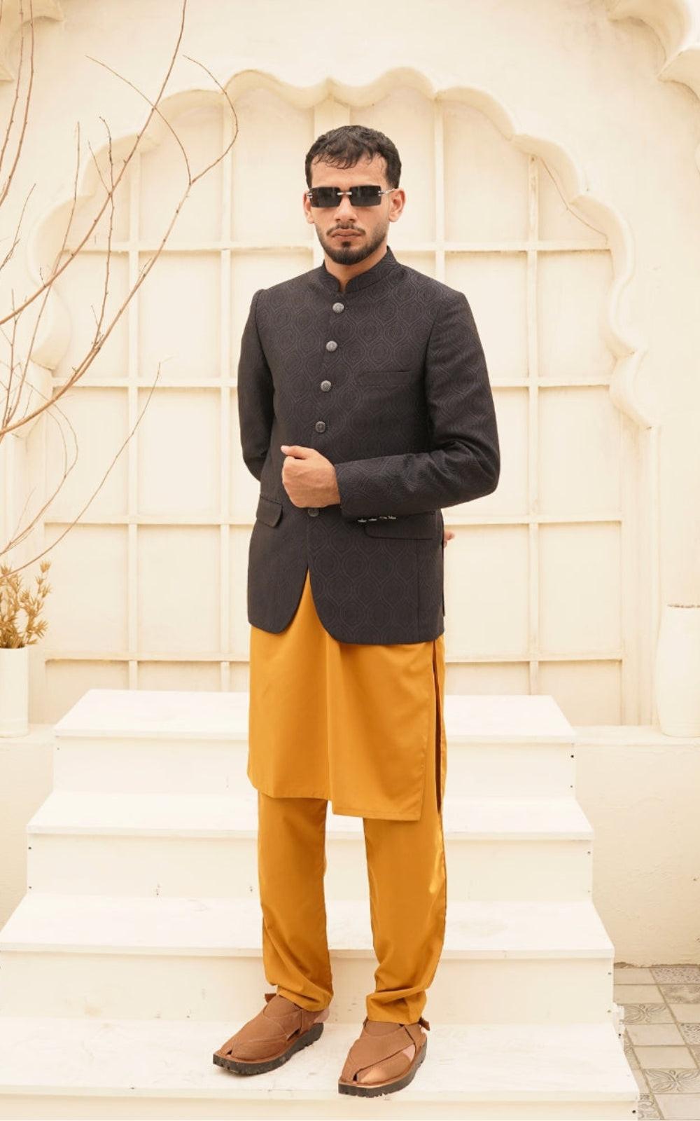 Black Self Embossed Jamawar Coat