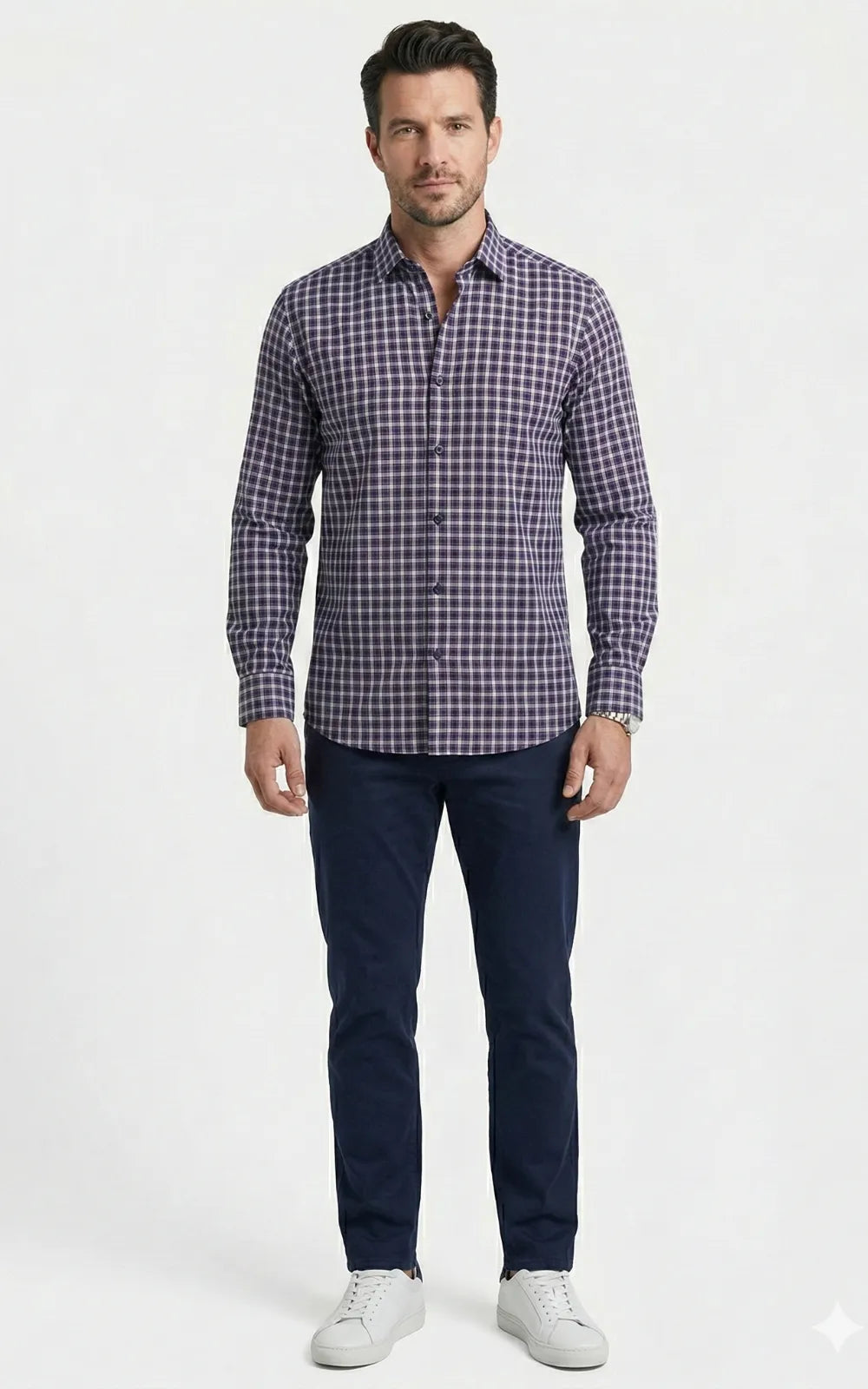Navy Blue Gingham Check Casual Shirt