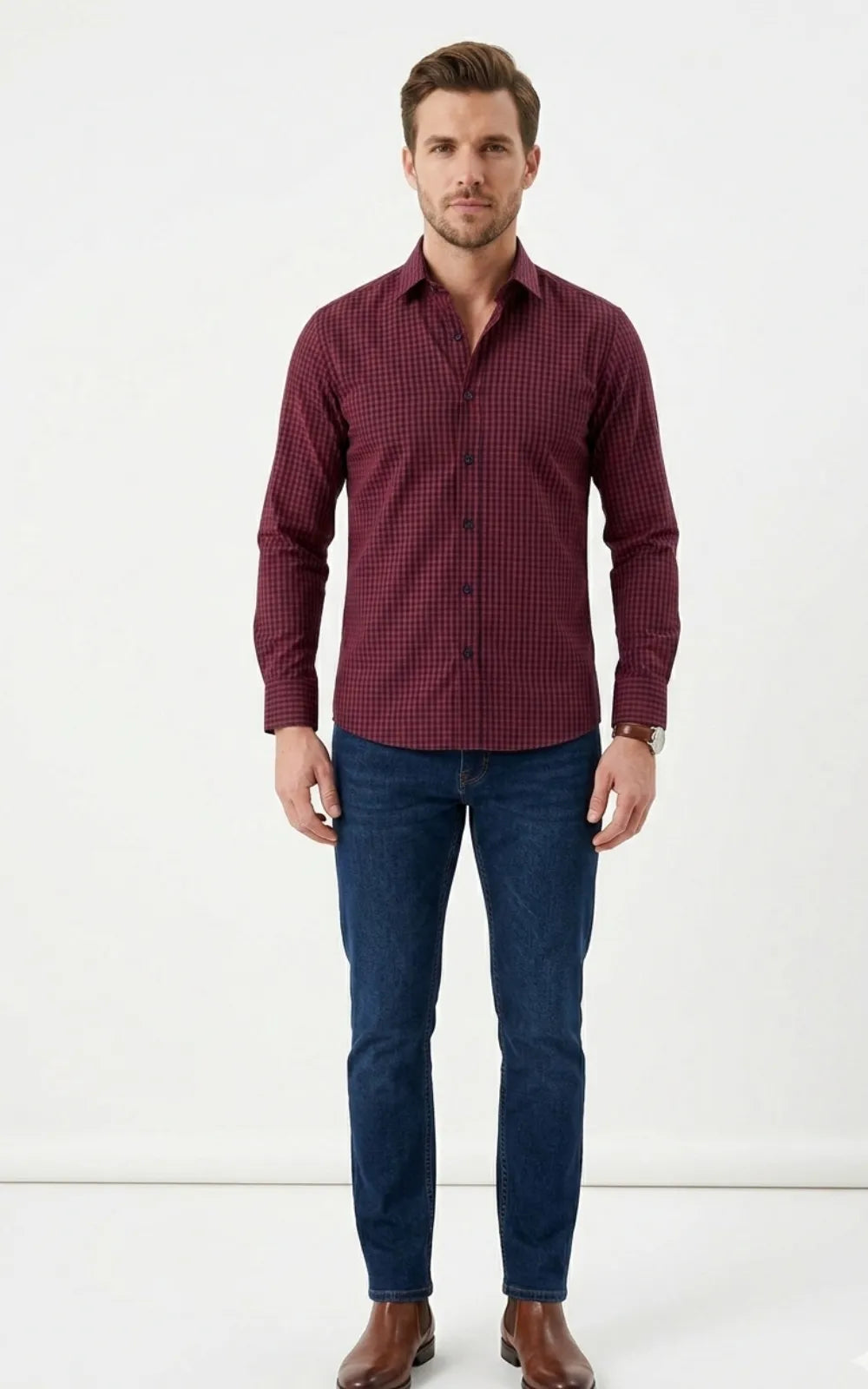 Maroon & Black Micro-Check Casual Shirt