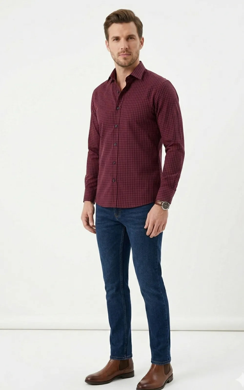 Maroon & Black Micro-Check Casual Shirt