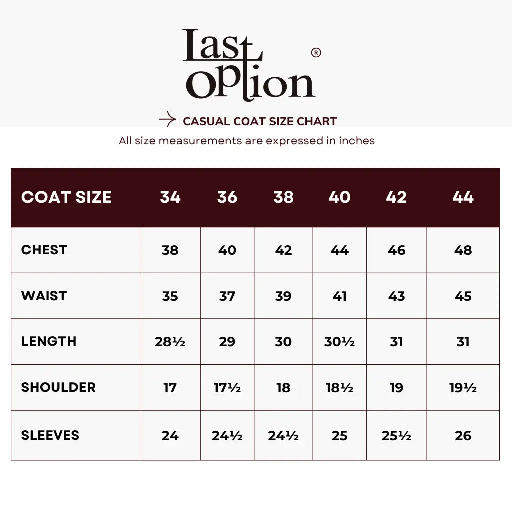 Size chart for Grey Patterned Tropical Tweed Casual Coat