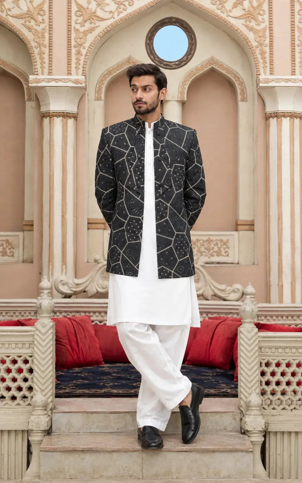 Charcoal Black Embroidered Open Coat Last Option