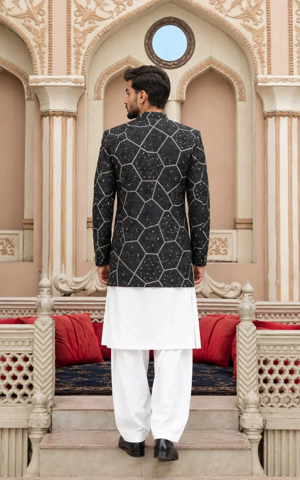 Charcoal Black Embroidered Open Coat Last Option