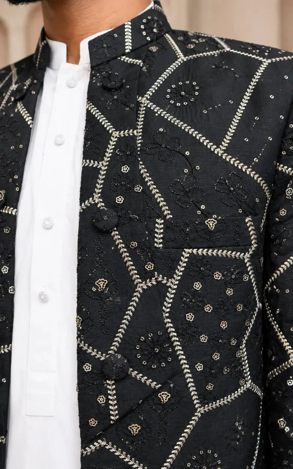 Charcoal Black Embroidered Open Coat Last Option