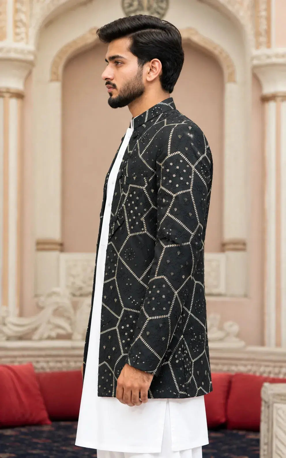 Charcoal Black Embroidered Open Coat Last Option