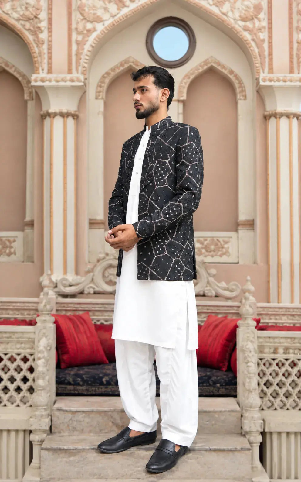 Charcoal Black Embroidered Open Coat Last Option