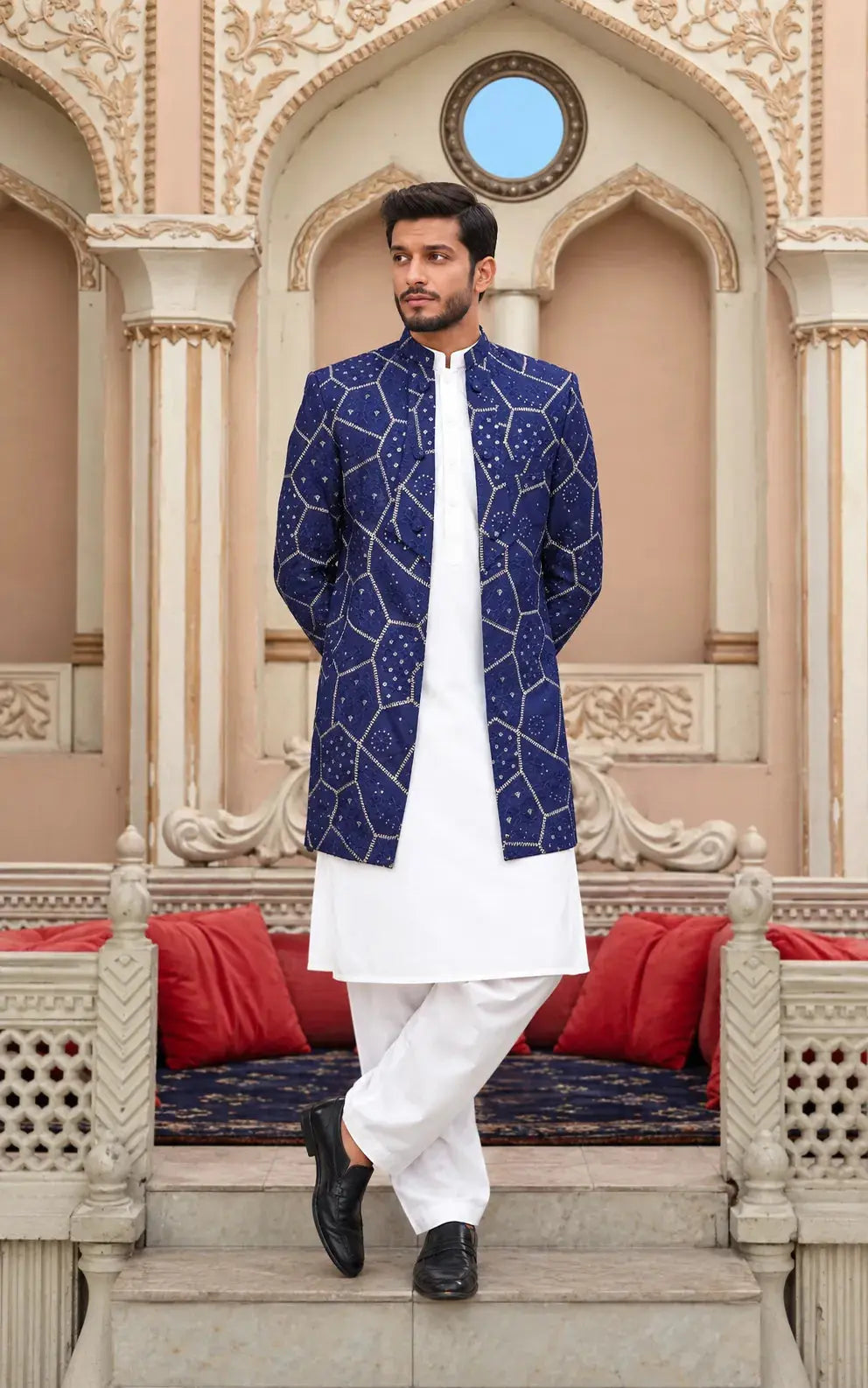Royal Blue Embroidered Open Coat Last Option
