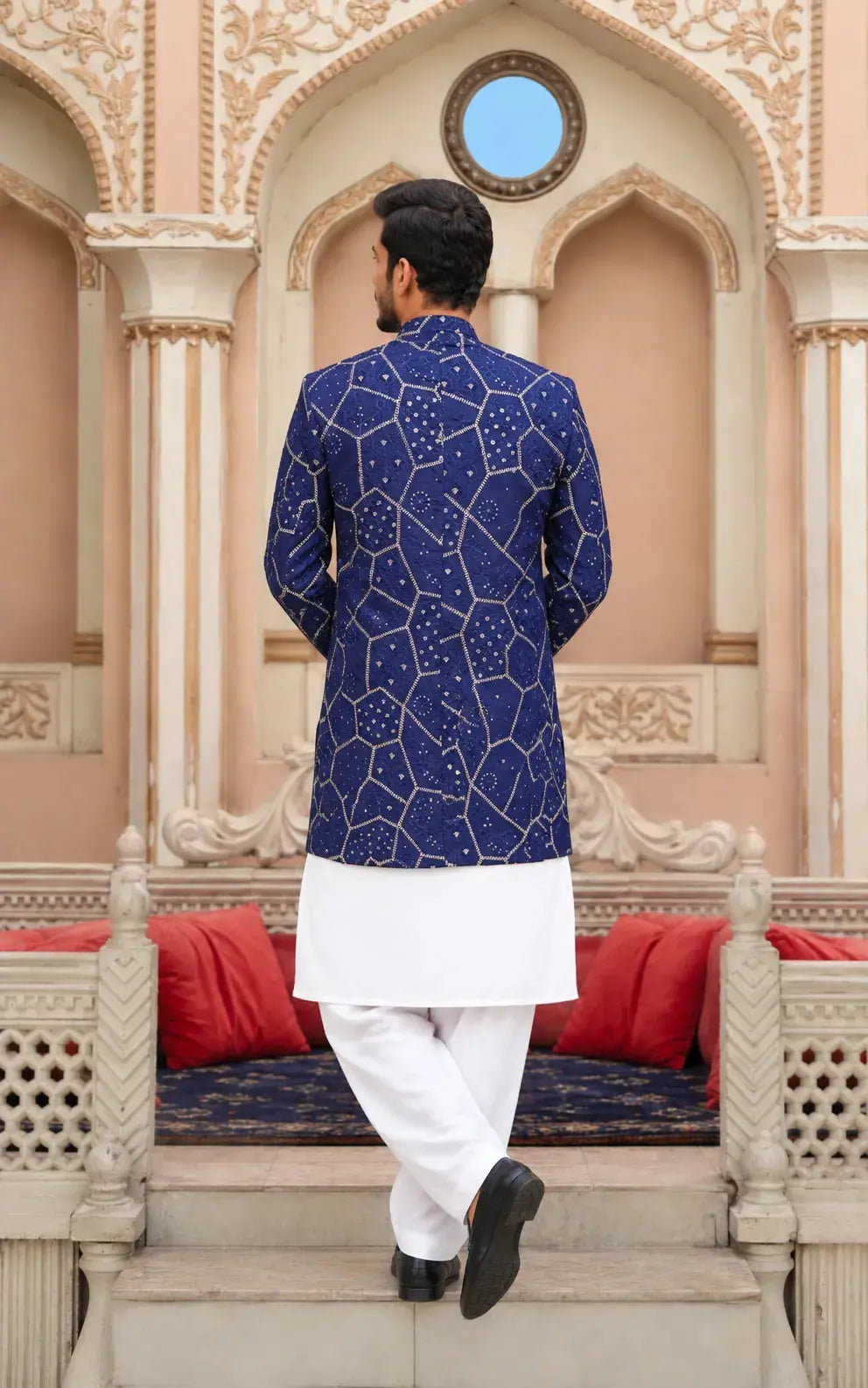Royal Blue Embroidered Open Coat Last Option