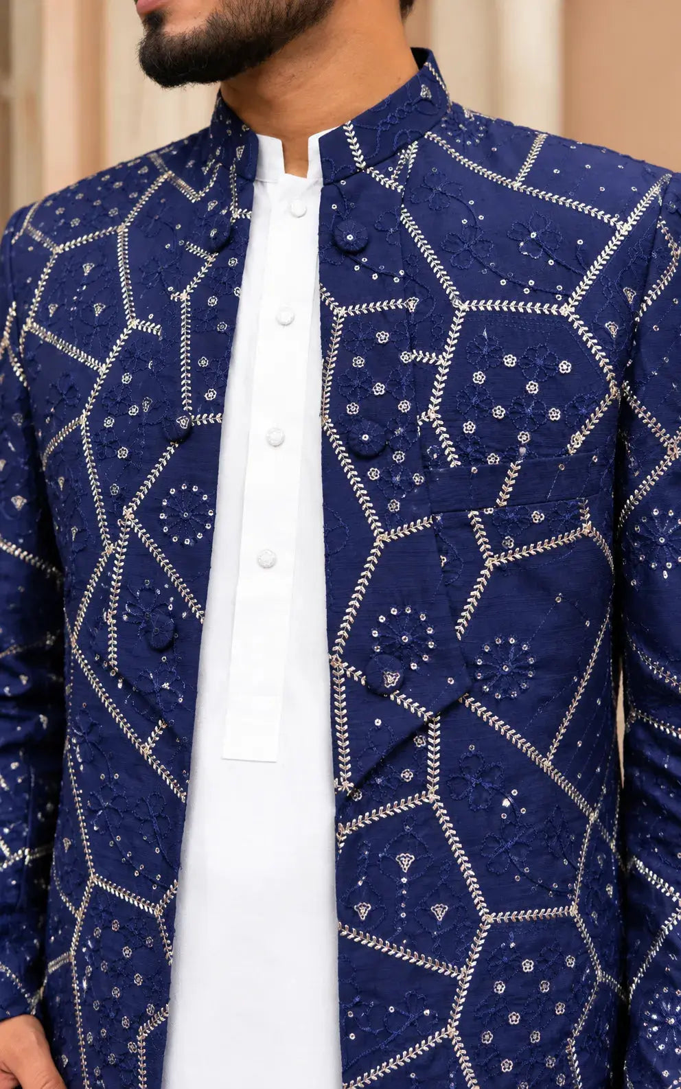 Royal Blue Embroidered Open Coat Last Option