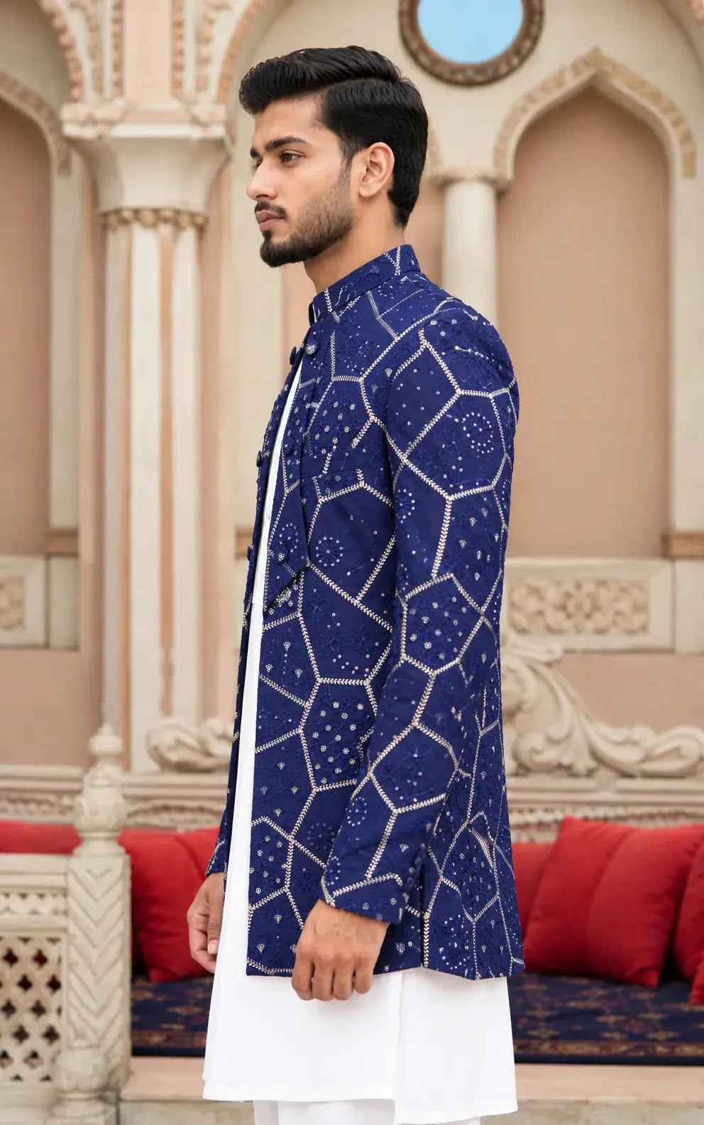 Royal Blue Embroidered Open Coat Last Option