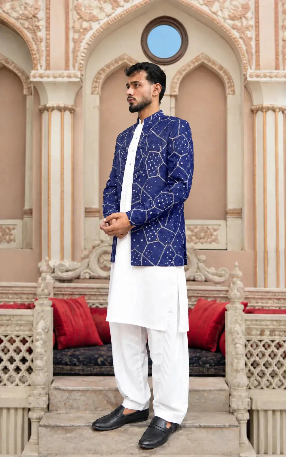 Royal Blue Embroidered Open Coat Last Option