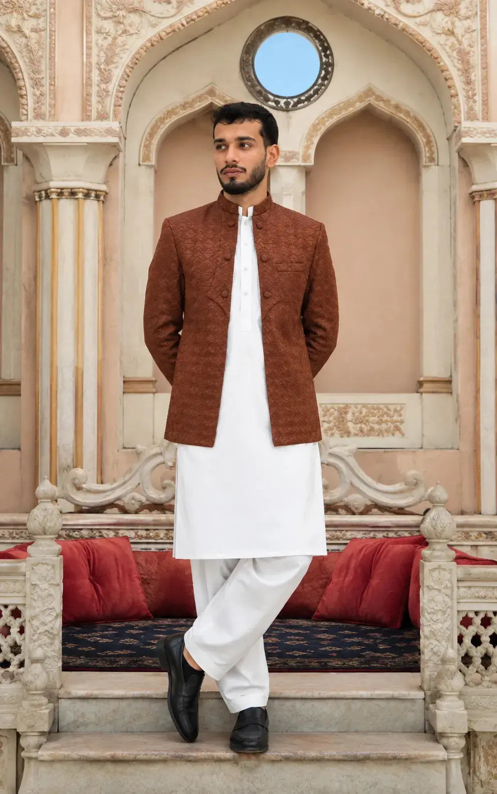 Brown Textured Embroidered Open Coat Last Option