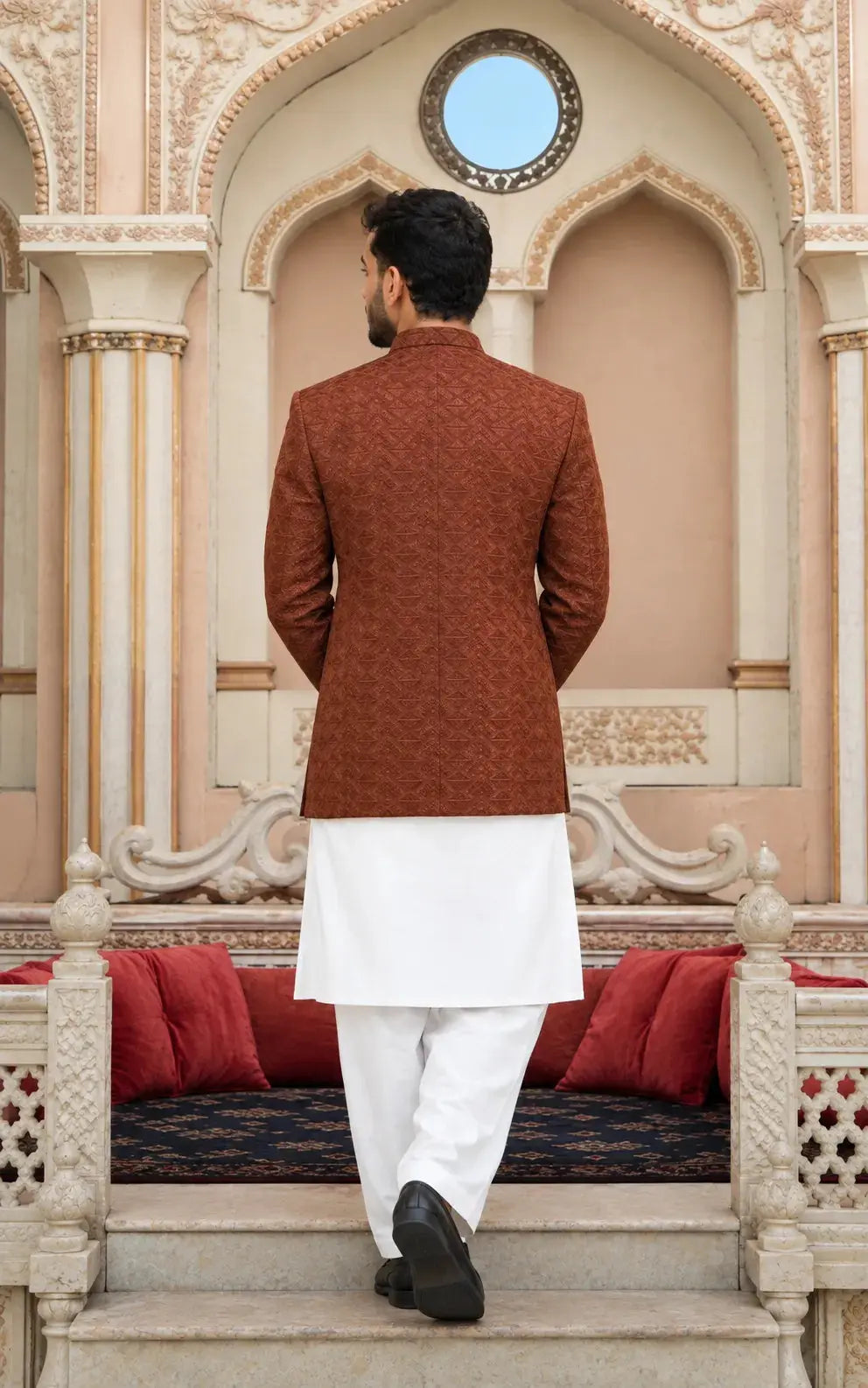 Brown Textured Embroidered Open Coat Last Option