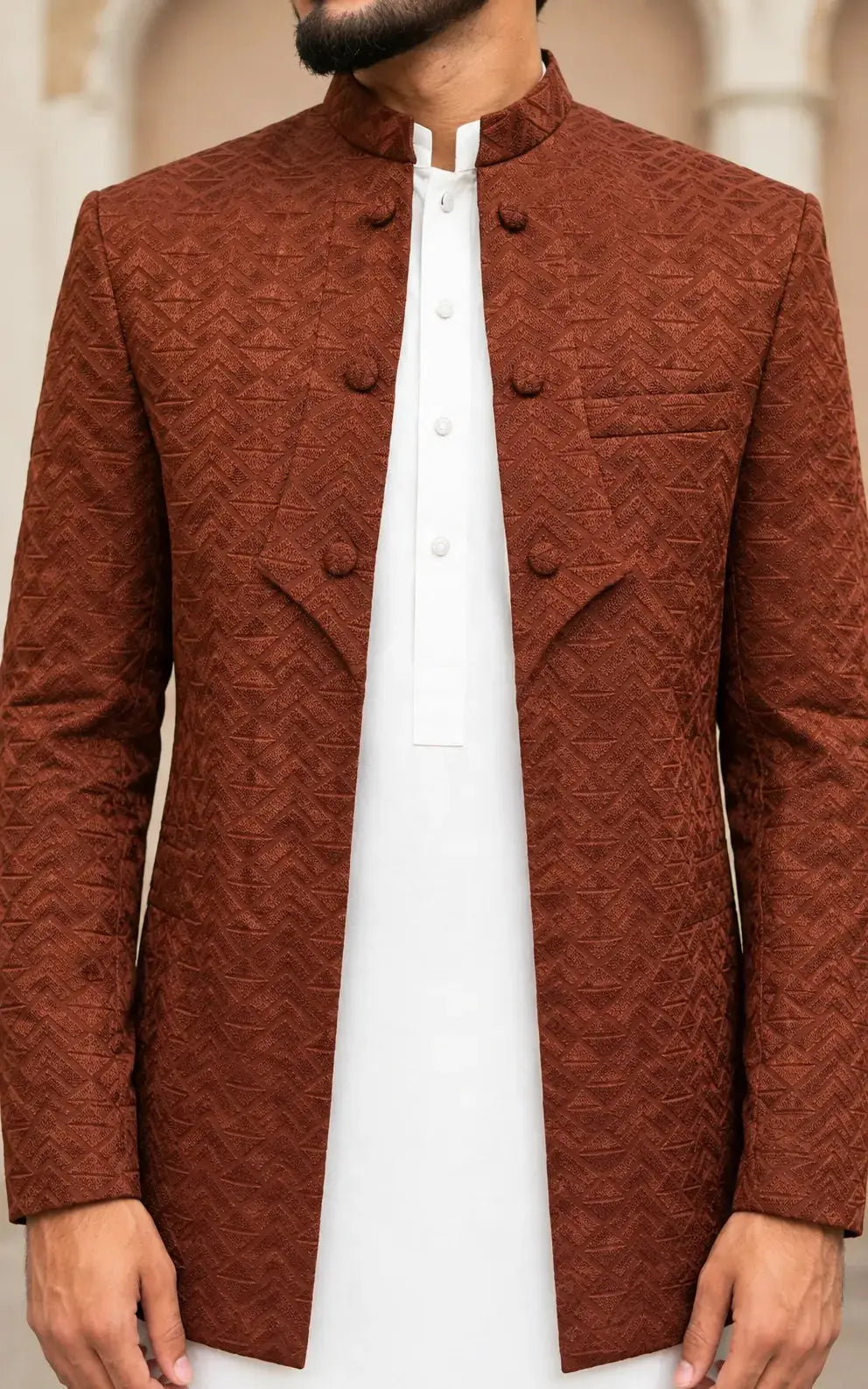 Brown Textured Embroidered Open Coat Last Option