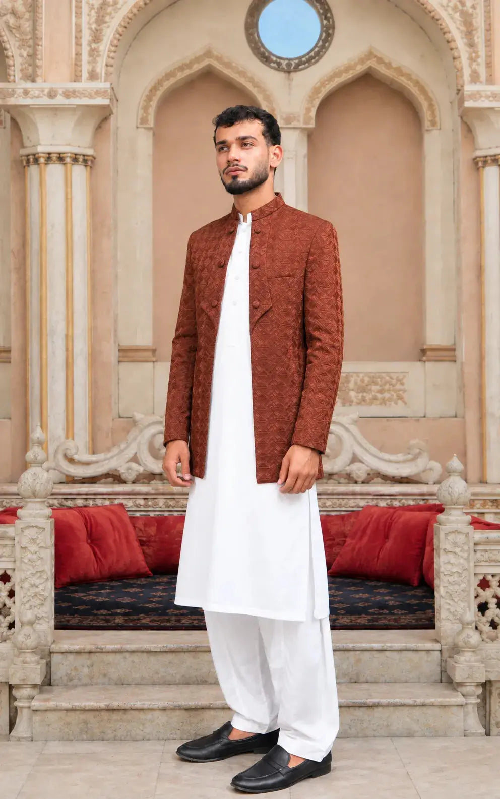 Brown Textured Embroidered Open Coat Last Option