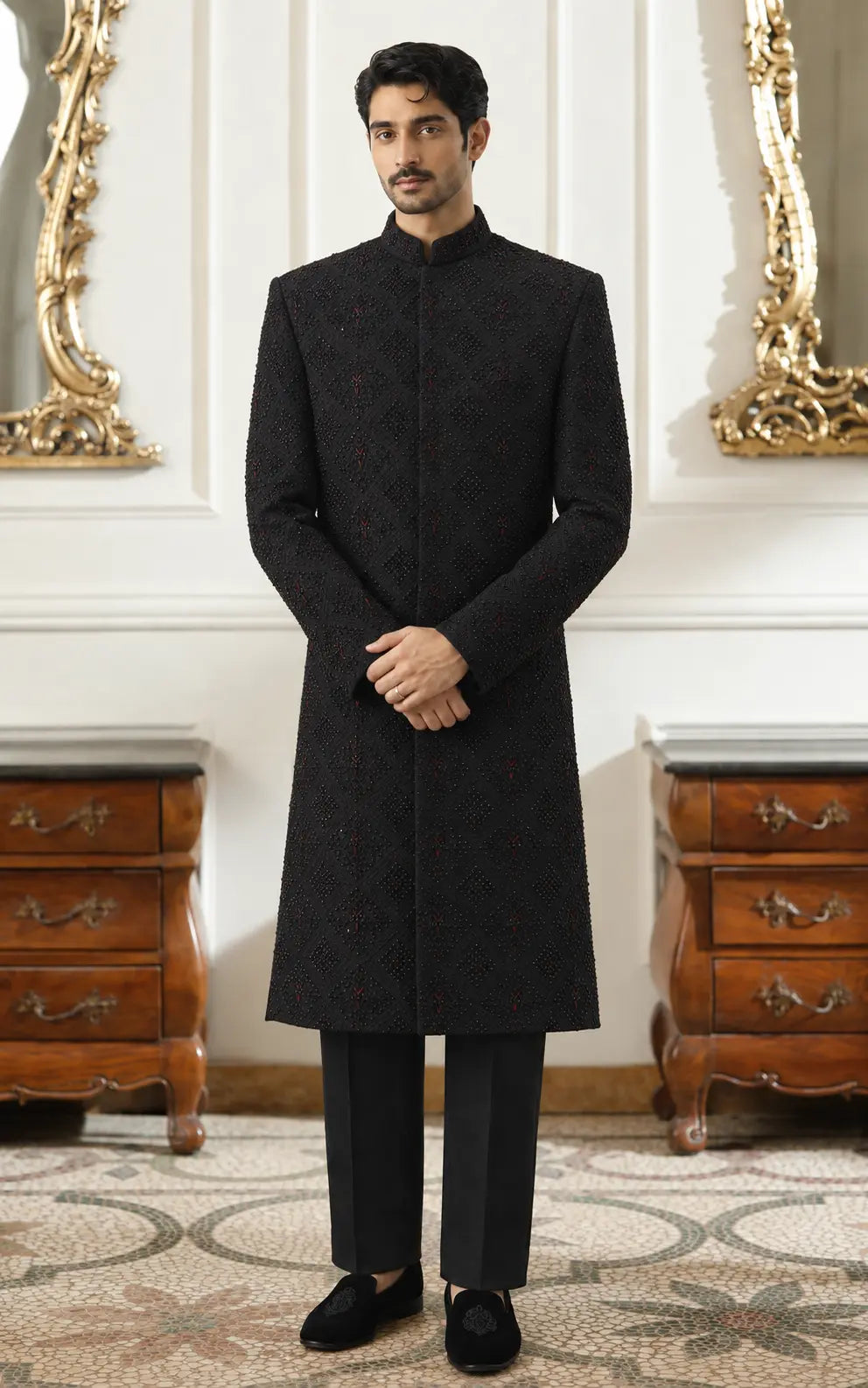 Black Embellished Sherwani with Beadwork Embroidery
