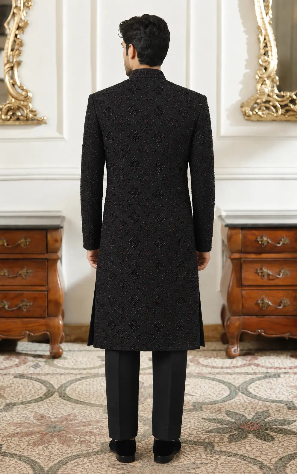 Black Embellished Sherwani with Beadwork Embroidery