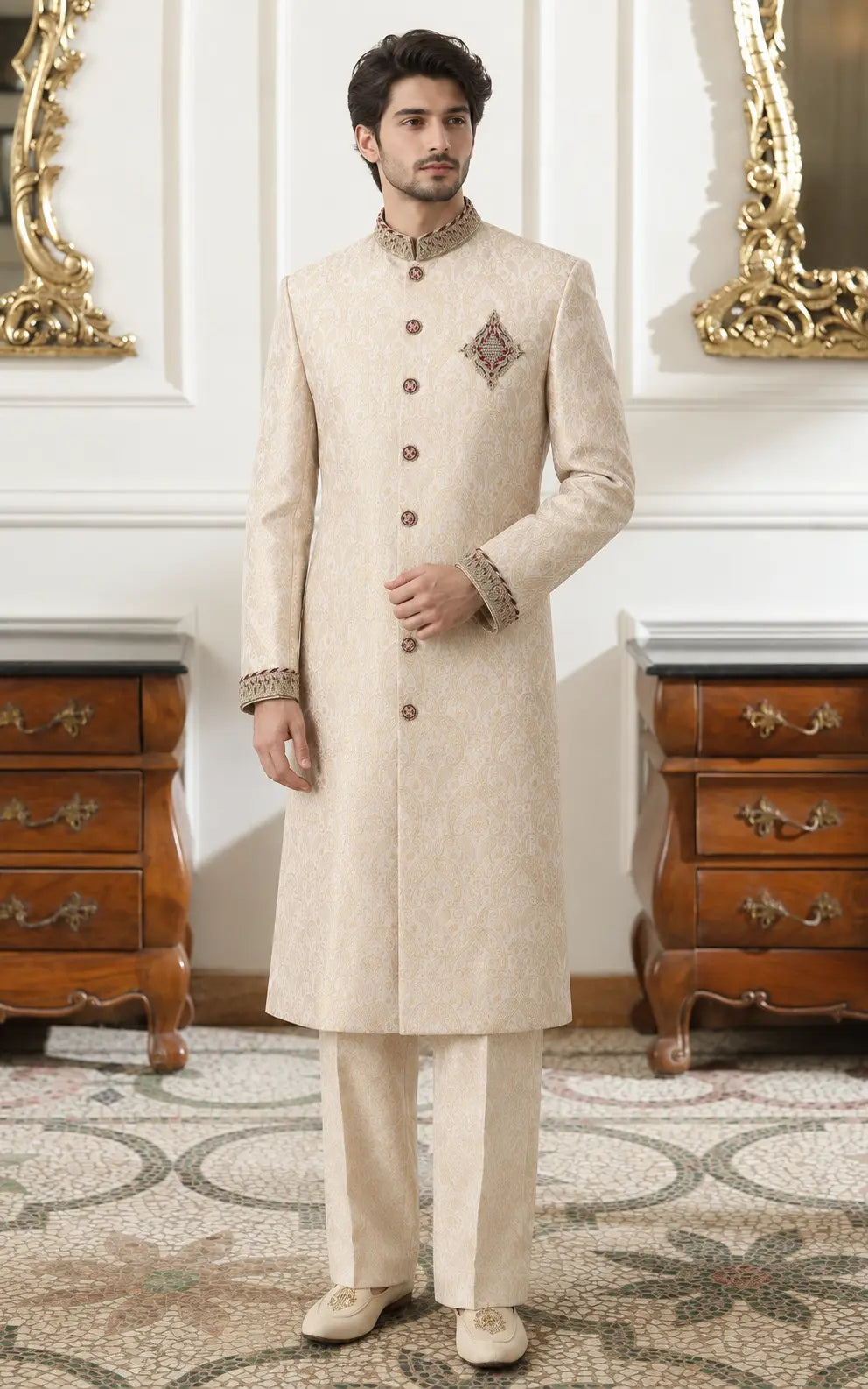 Ivory Self Jacquard Embellished Sherwani
