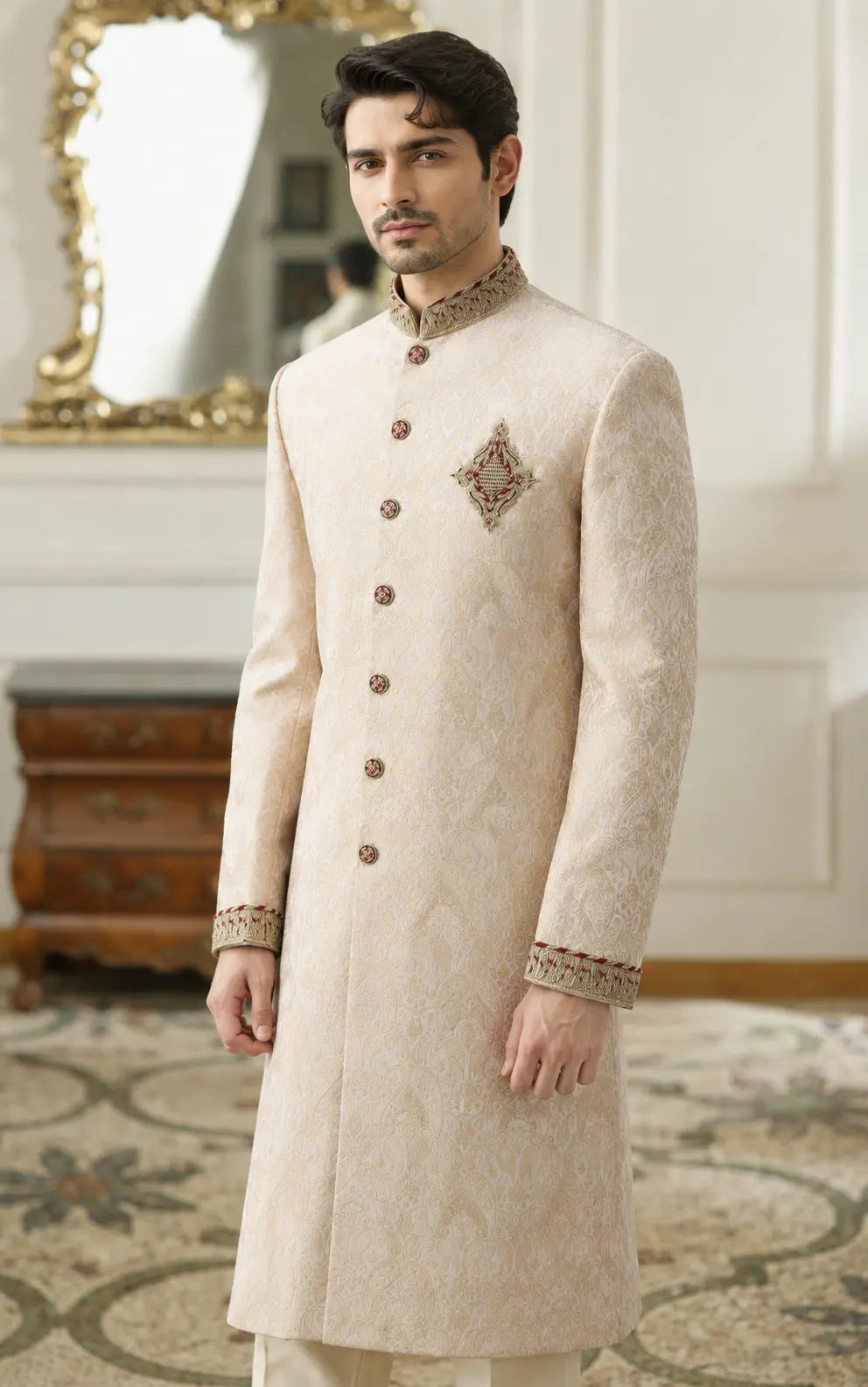 Ivory Self Jacquard Embellished Sherwani