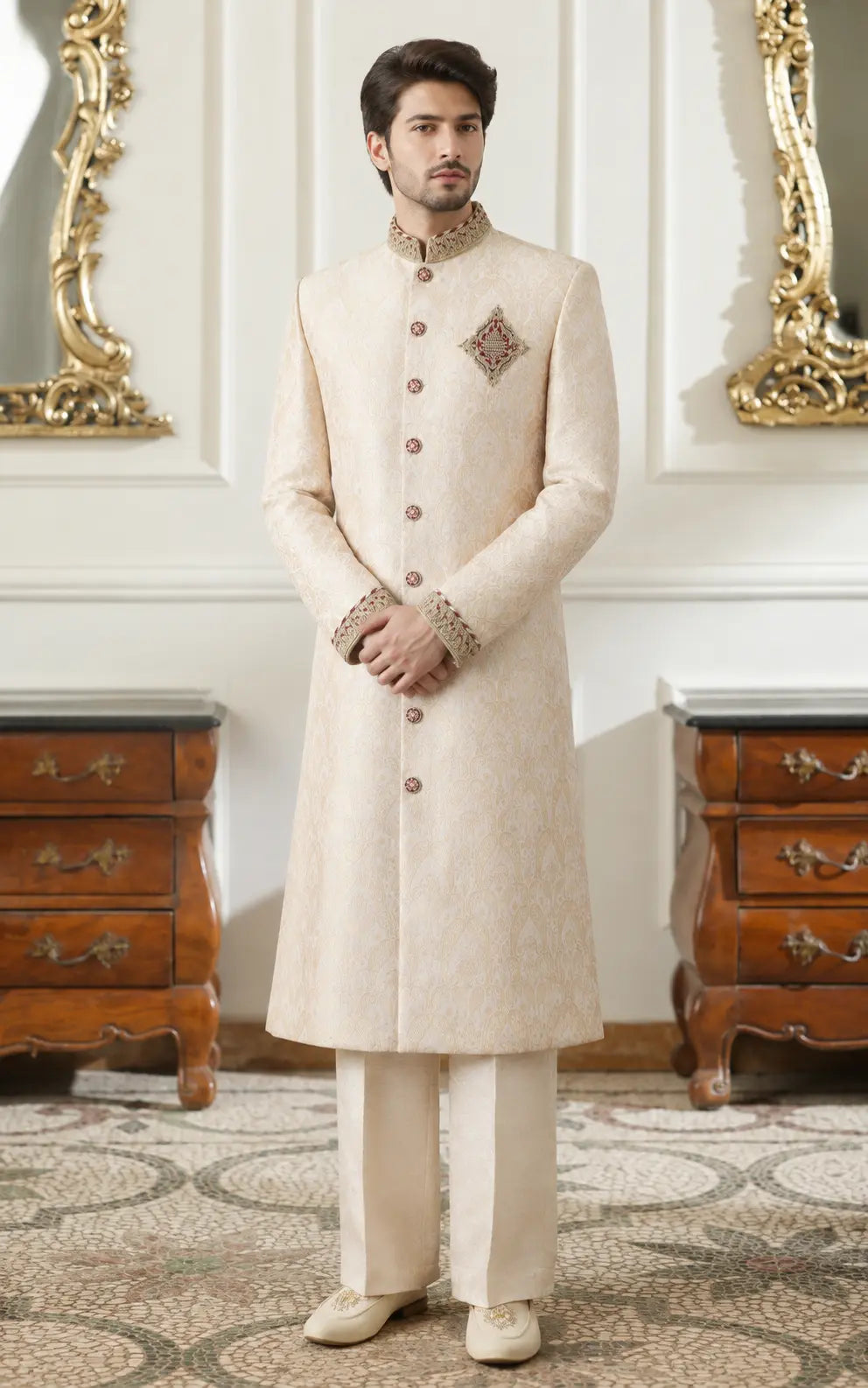 Ivory Self Jacquard Embellished Sherwani