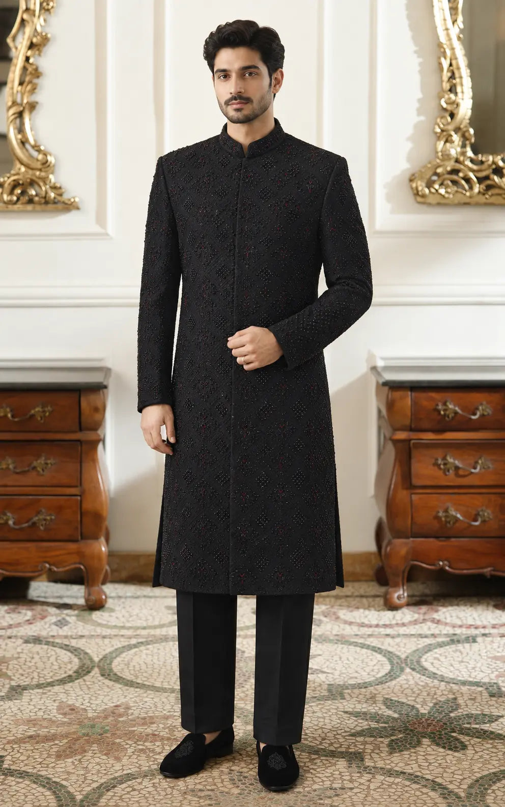 Black Embellished Sherwani with Beadwork Embroidery
