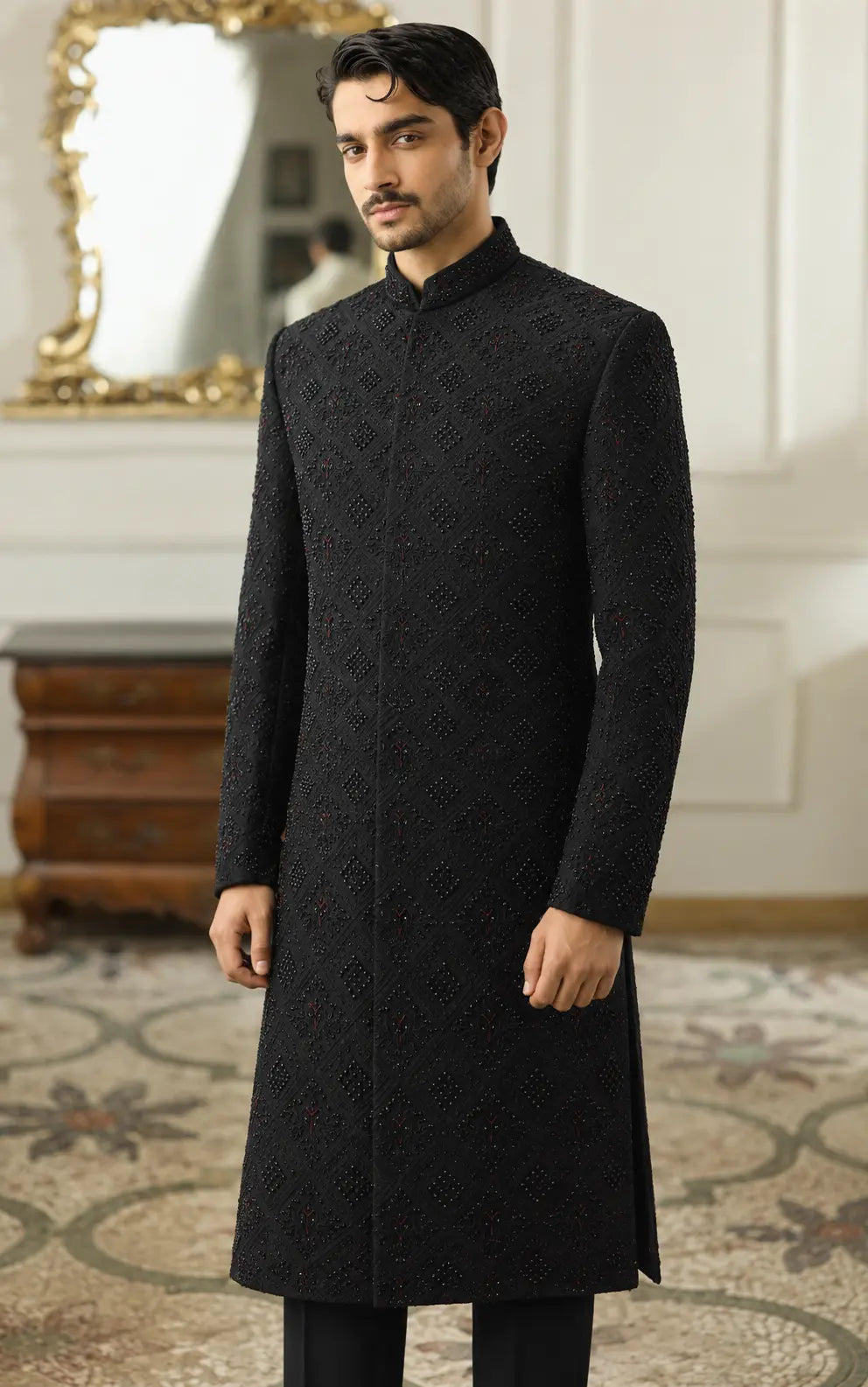Black Embellished Sherwani with Beadwork Embroidery