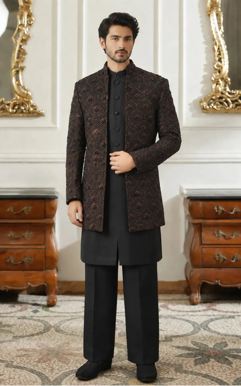 Dark Brown Embellished Open Goan 3-Piece Set Last Option