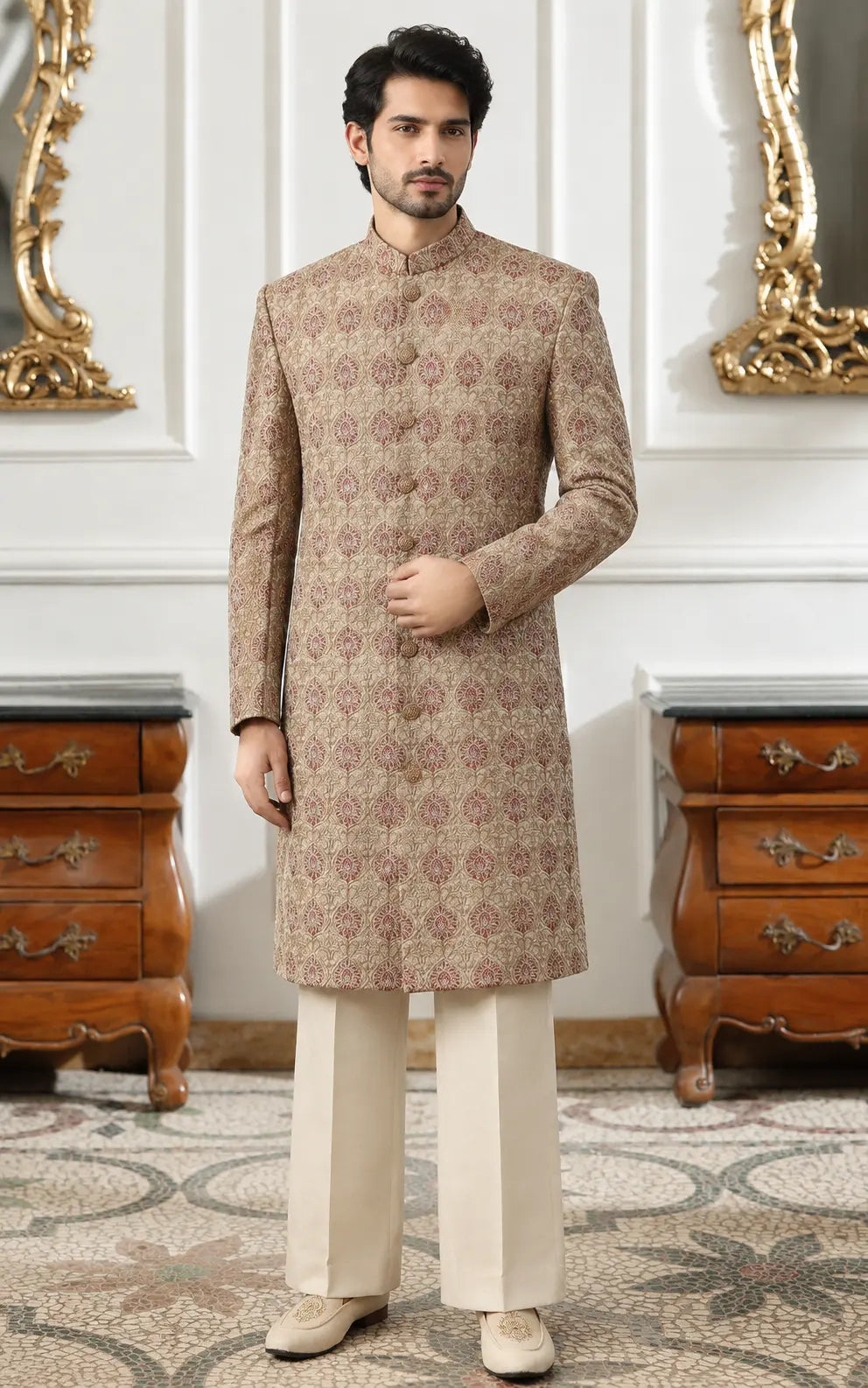 Beige Floral Printed Embroidered Sherwani