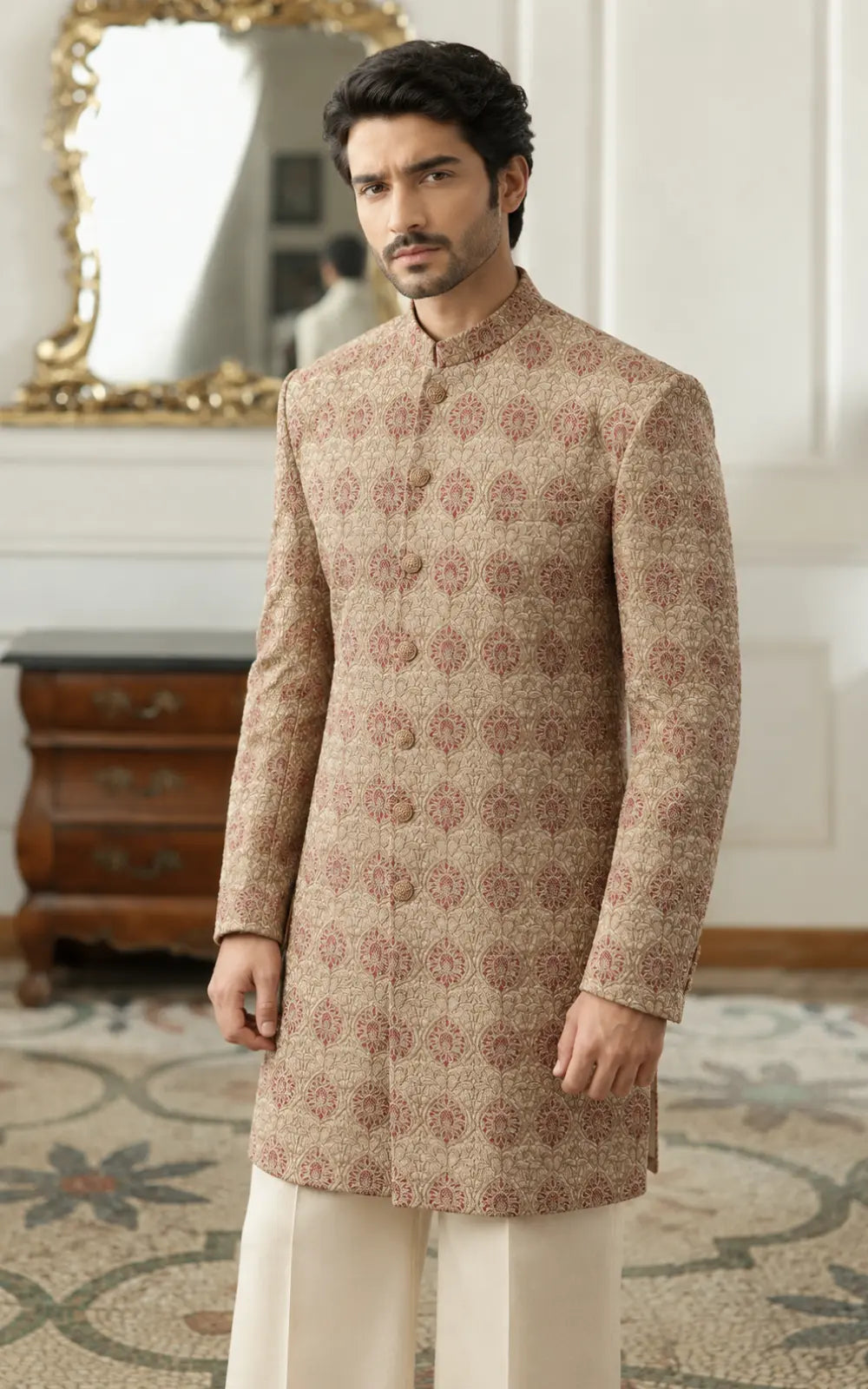 Beige Floral Printed Embroidered Sherwani