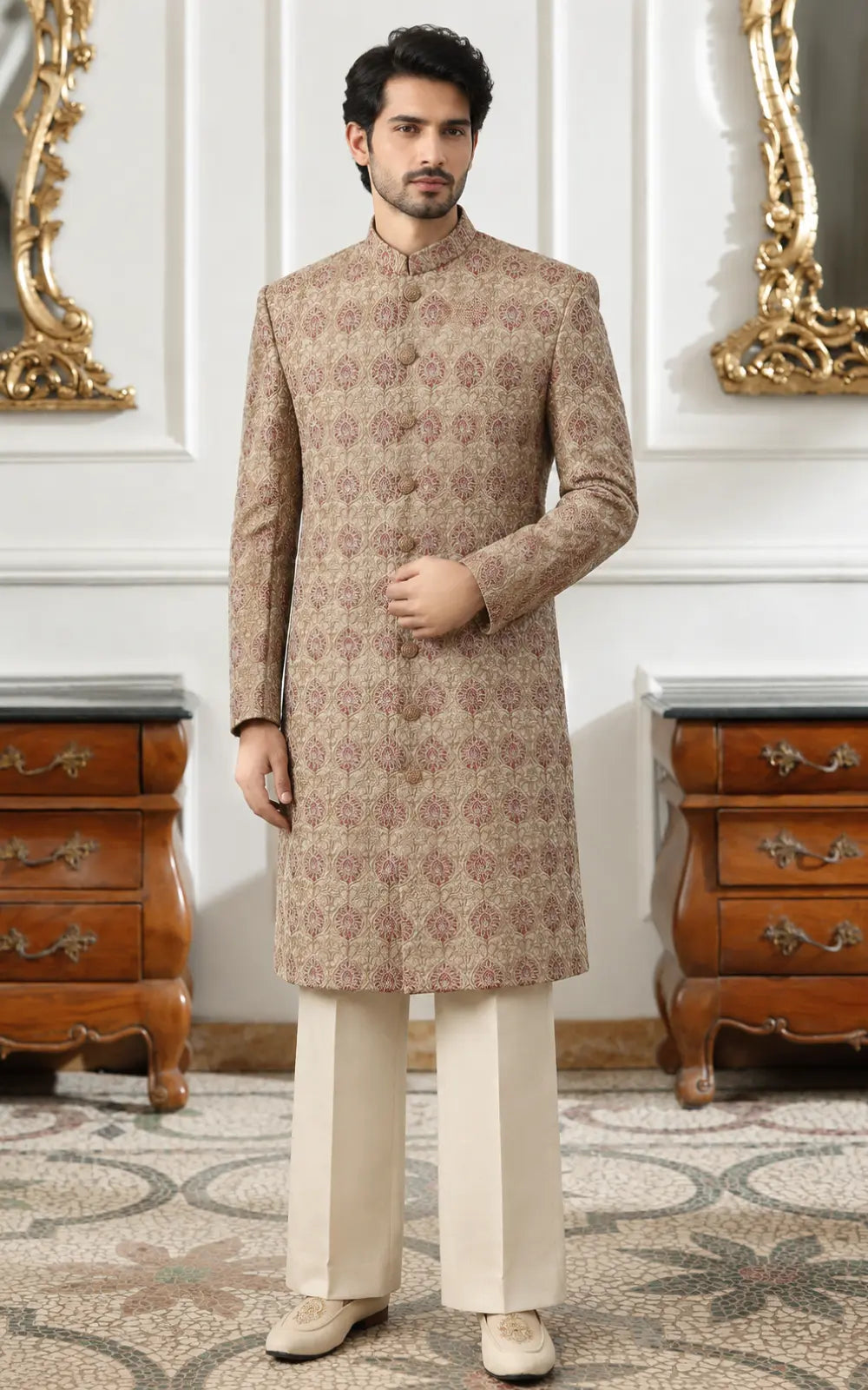 Beige Floral Printed Embroidered Sherwani