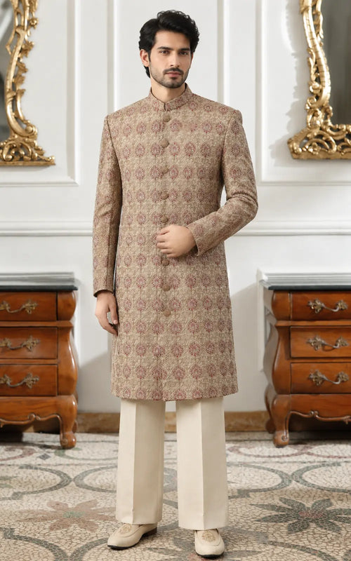 Beige Floral Printed Embroidered Sherwani
