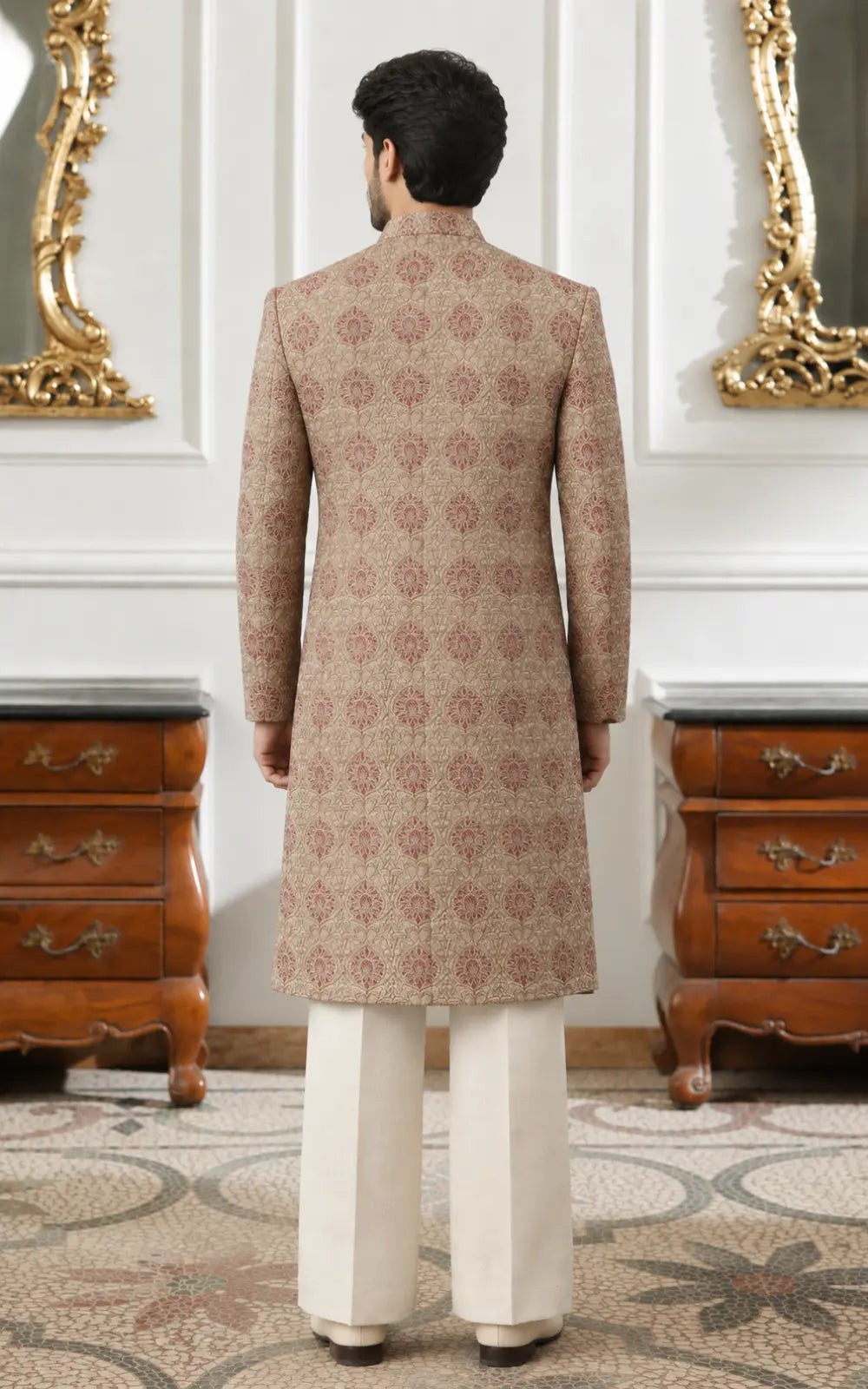 Beige Floral Printed Embroidered Sherwani