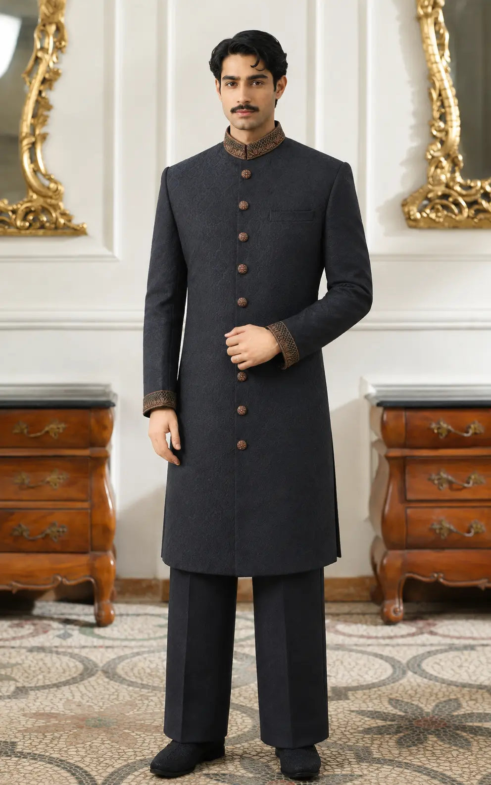 Black Self-Textured Sherwani with Embroidered Collar