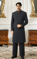 Black Self-Textured Sherwani with Embroidered Collar