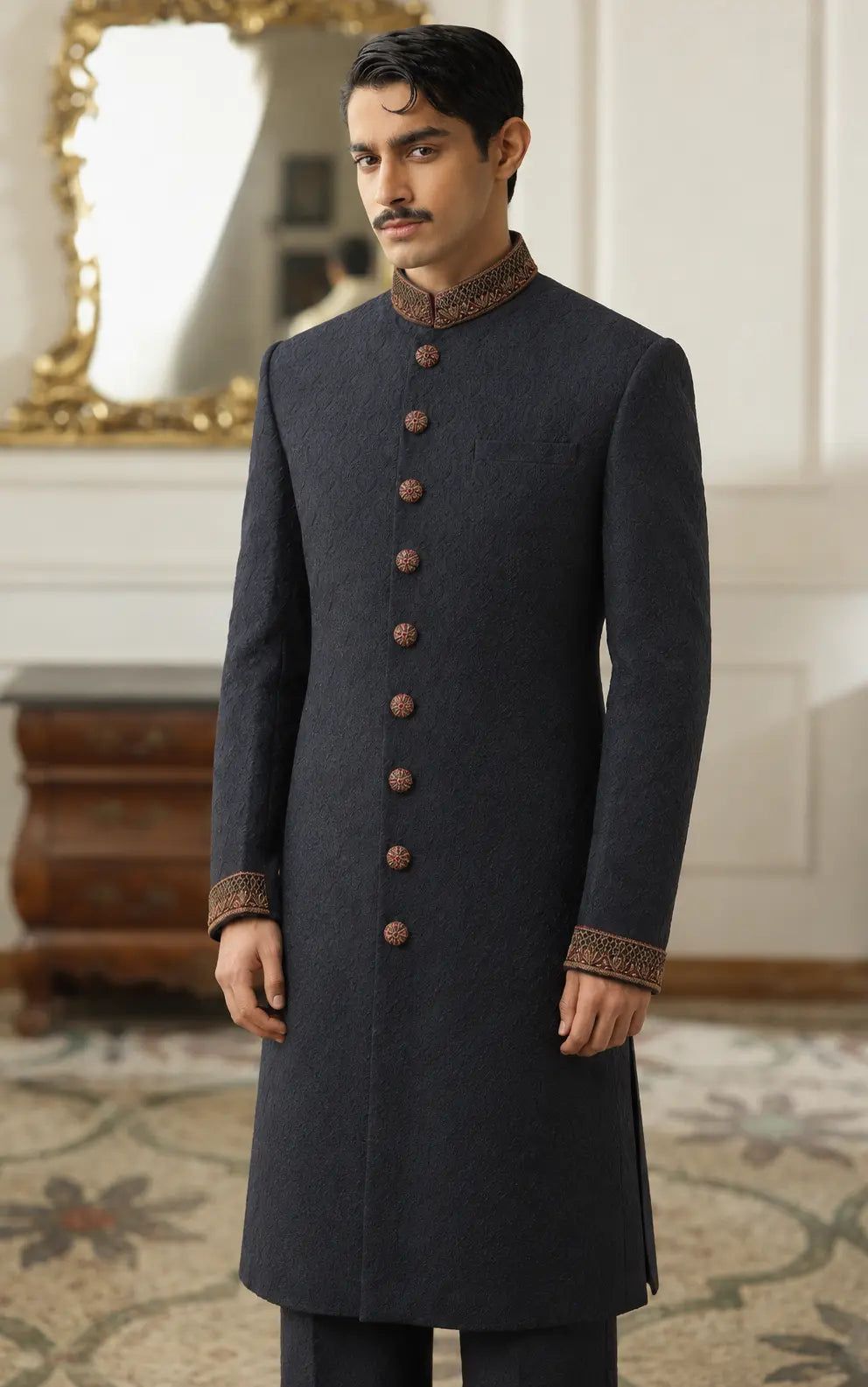 Black Self-Textured Sherwani with Embroidered Collar