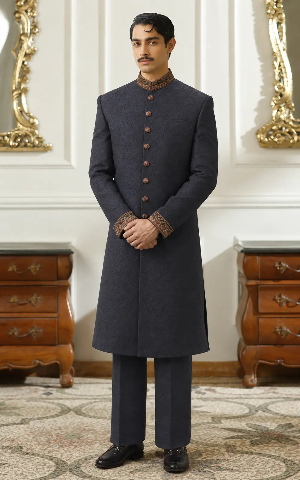Black Self-Textured Sherwani with Embroidered Collar