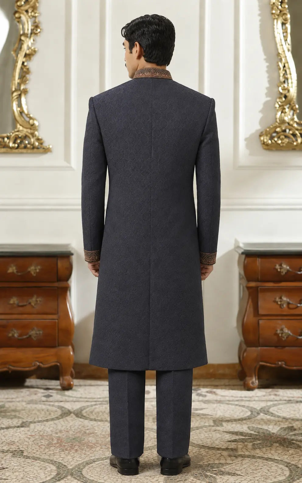 Black Self-Textured Sherwani with Embroidered Collar