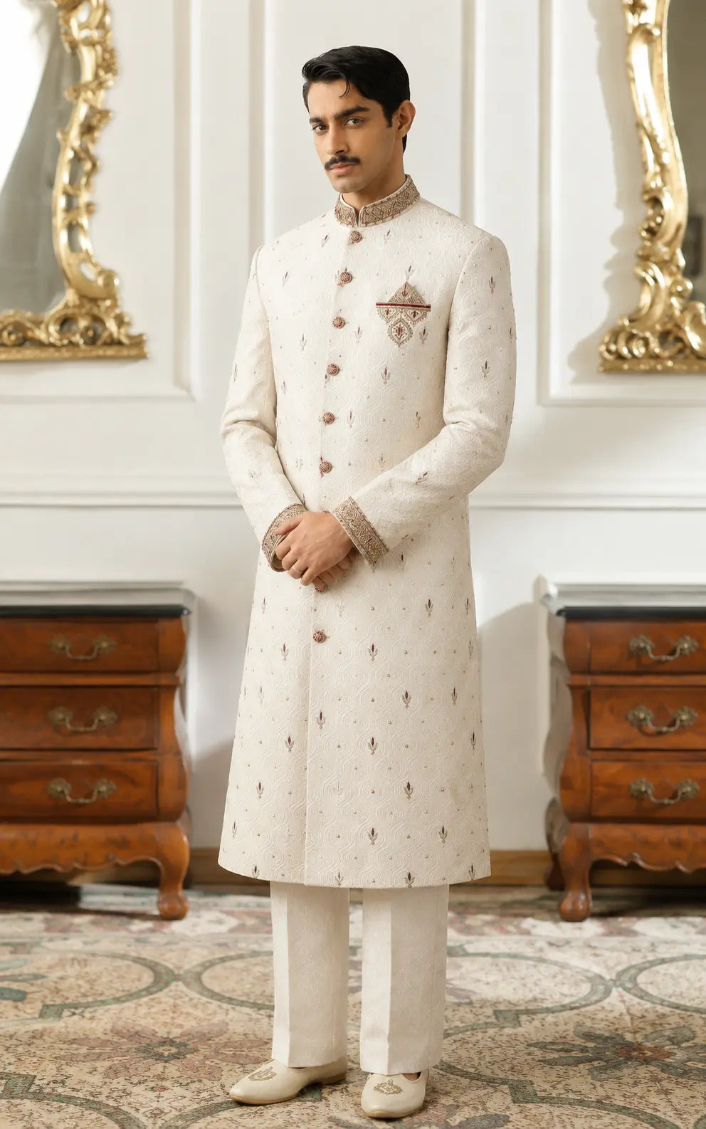Ivory Embroidered Booti Sherwani