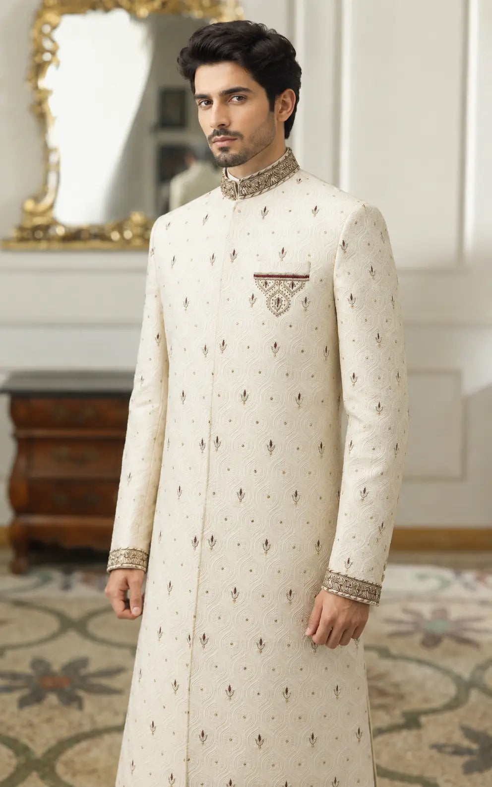 Ivory Embroidered Booti Sherwani