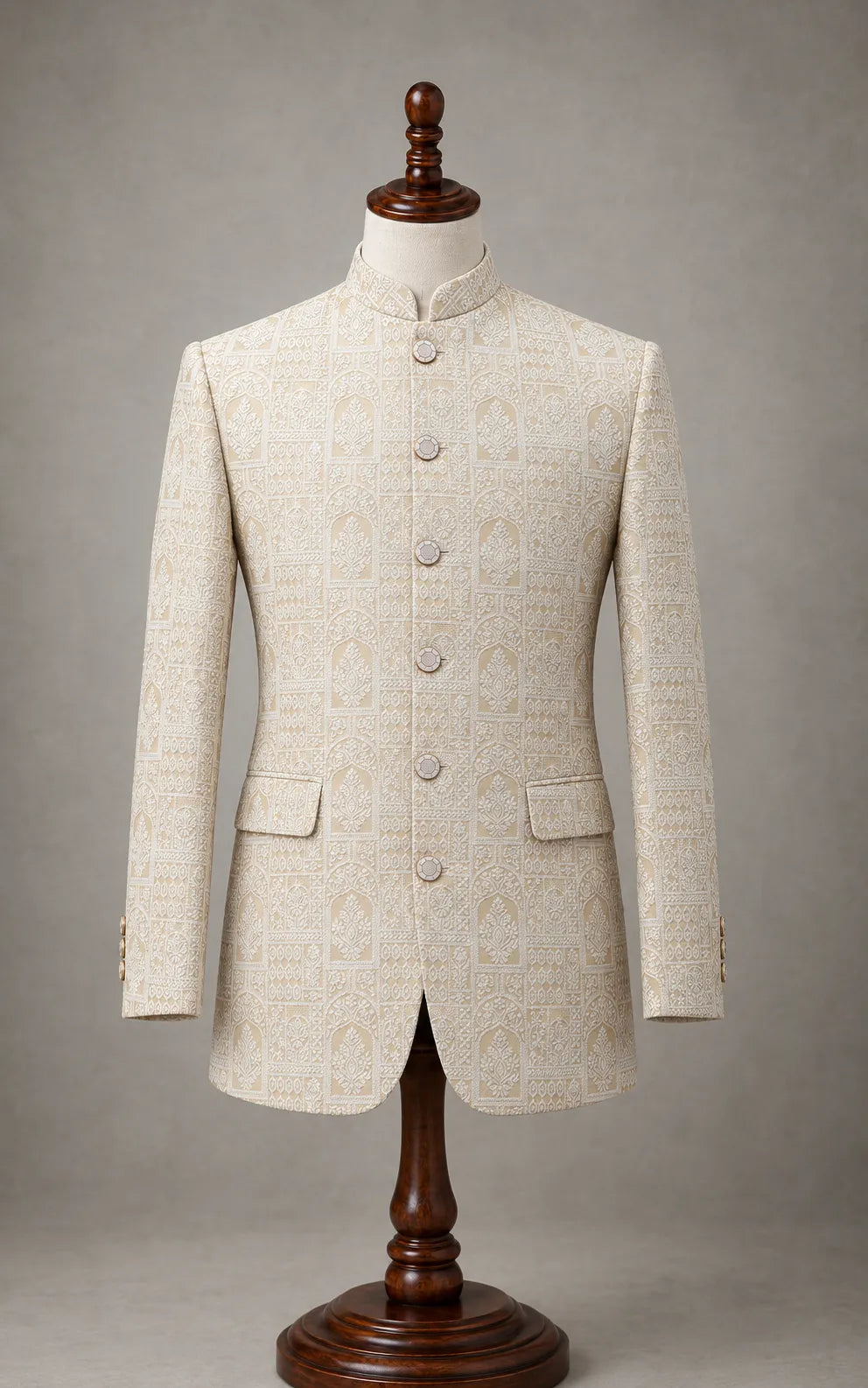 Beige Leaf Pattern Self-Embossed Prince Coat