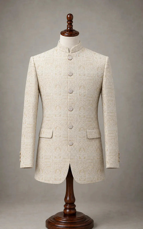 Beige Leaf Pattern Self-Embossed Prince Coat Last Option