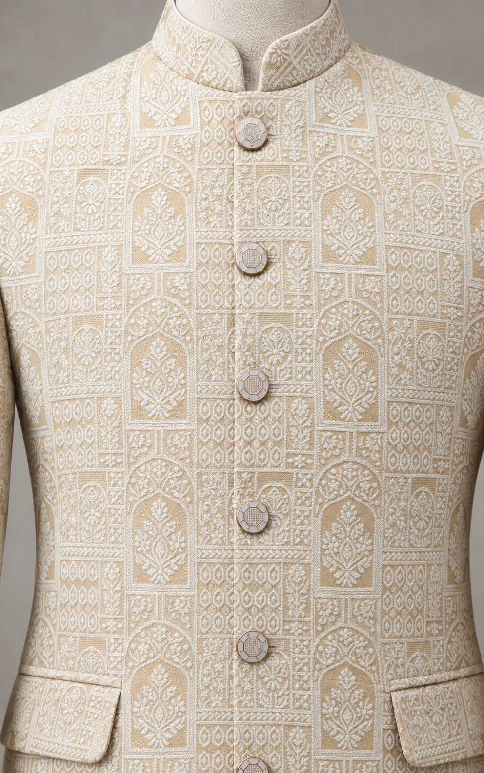 Beige Leaf Pattern Self-Embossed Prince Coat