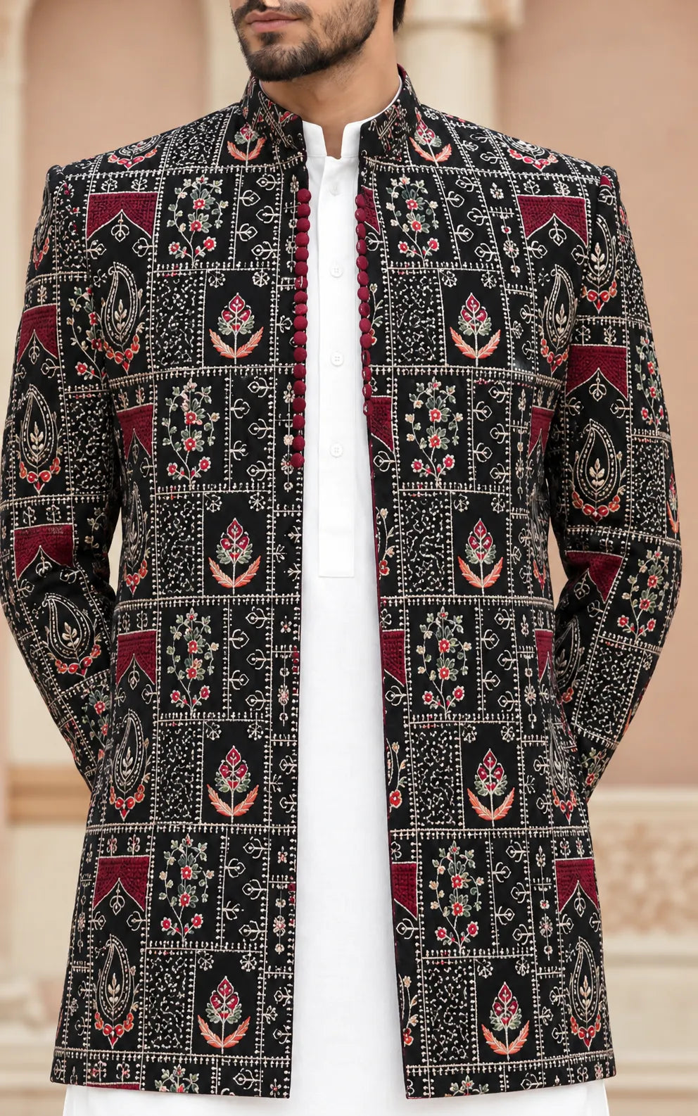 Black Floral Printed Open Prince Coat