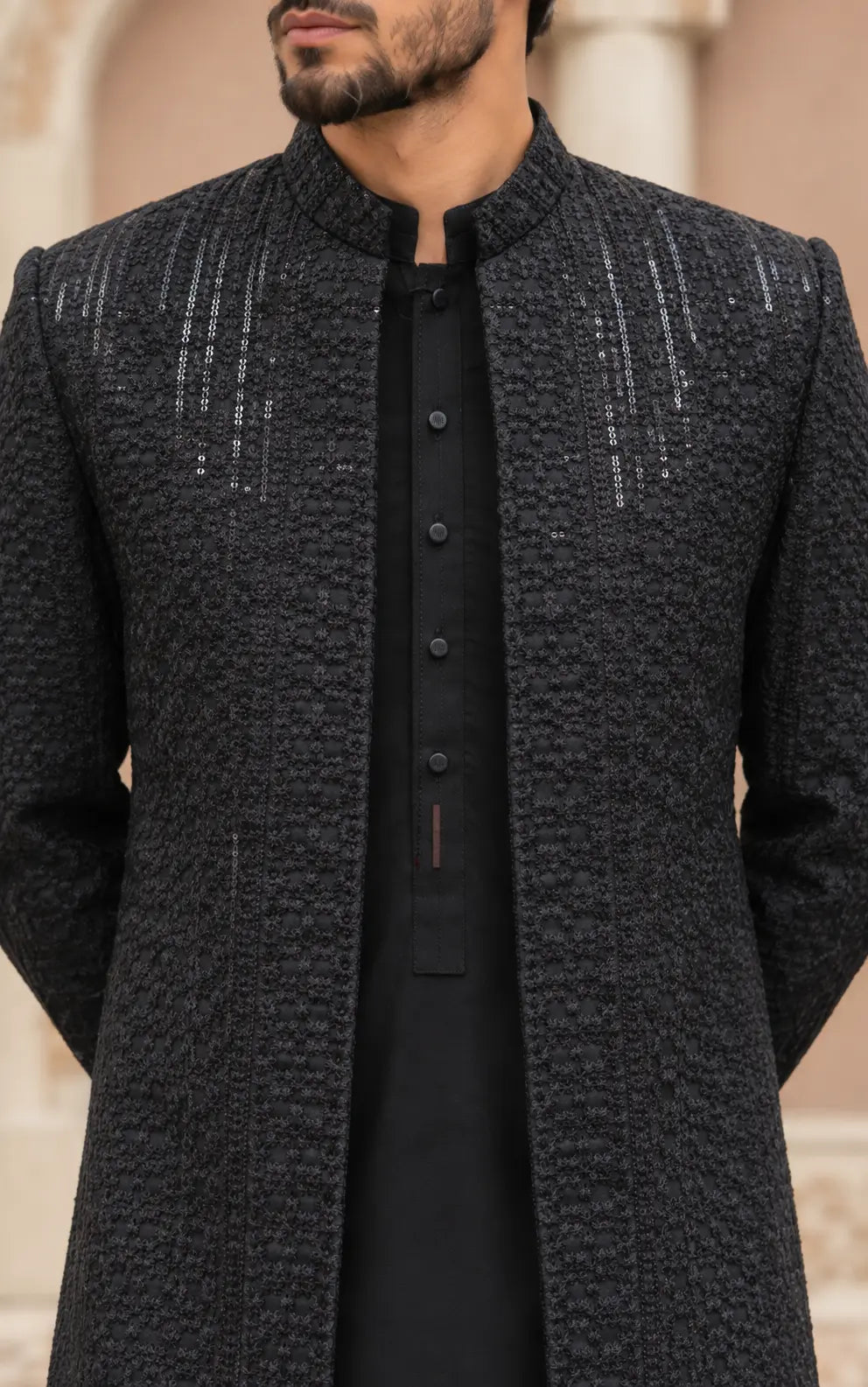 Black Embroidered Open Prince Coat