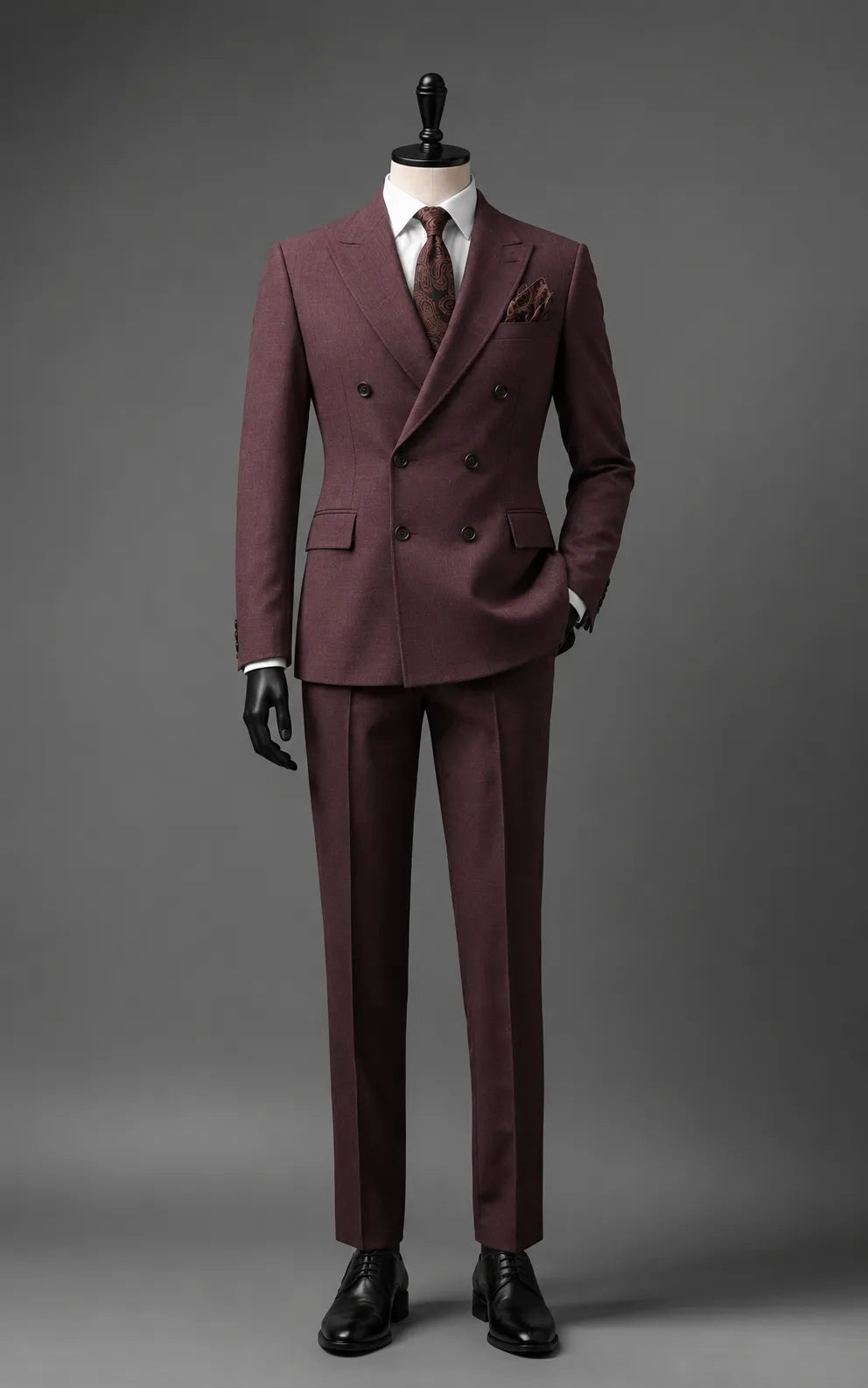 Maroon Double-Breasted Peak Lapel Suit